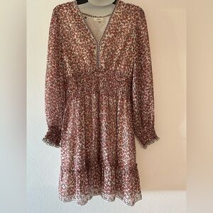 Max Studio floral mini long sleeve dress, pink or coral color large, V-neck.